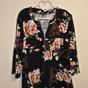 Floral Zip-Up Top with Peach Roses With Black Background